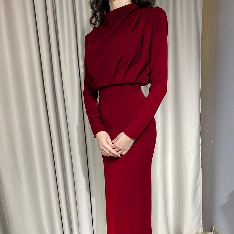 Damen elegantes Midi-Kleid mit hochgeschlossenem Design und Drapierungen WW