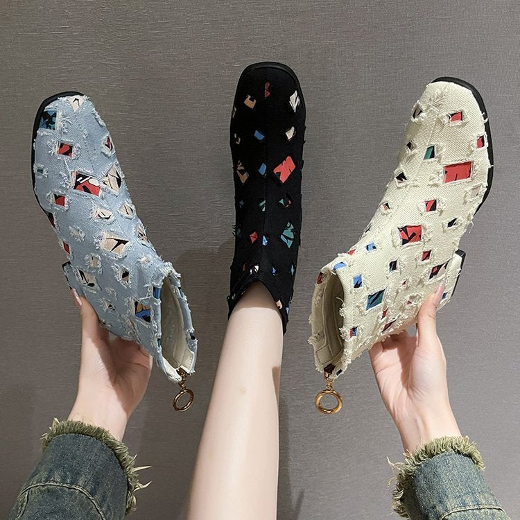 Damen Modische Ankle-Boots mit kreativem Geometrie-Druck und elegantem Reißverschluss W&W