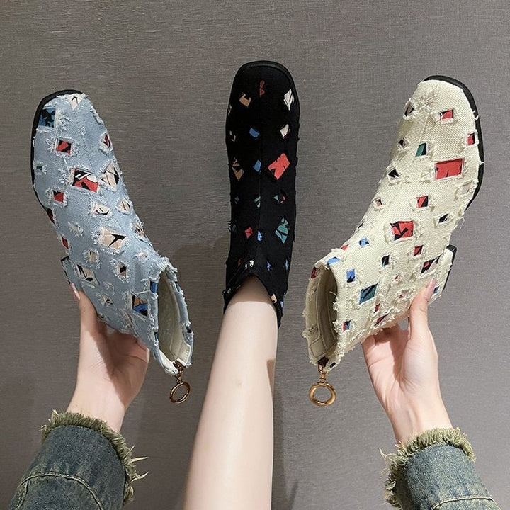 Damen Modische Ankle-Boots mit kreativem Geometrie-Druck und elegantem Reißverschluss W&W Mode