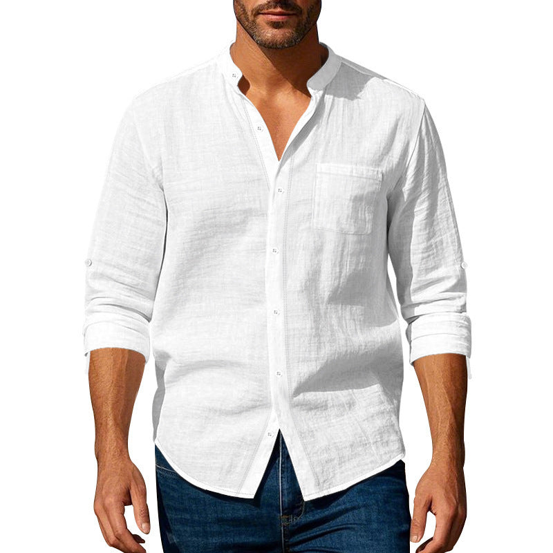 Herren nan Leinenhemd mit Stehkragen und aufrollbaren Ärmeln W&W Mode
