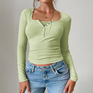 Damen Langarmshirt mit Knopfleiste und Rippstruktur WW