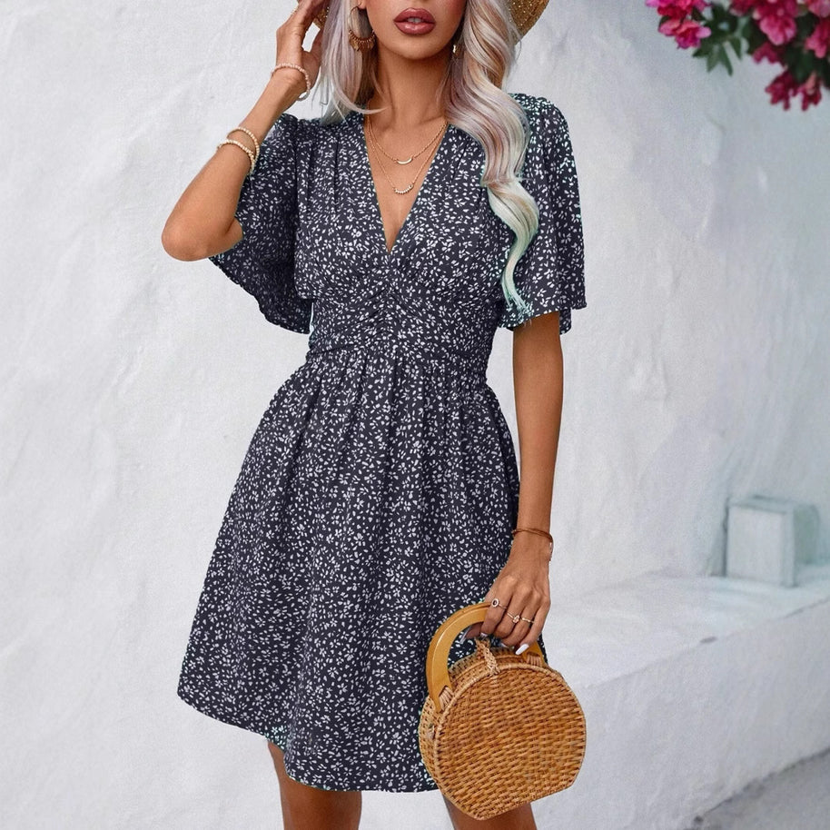 Damen Blumenkleid mit schickem V-Ausschnitt und voluminösen Ärmeln WW