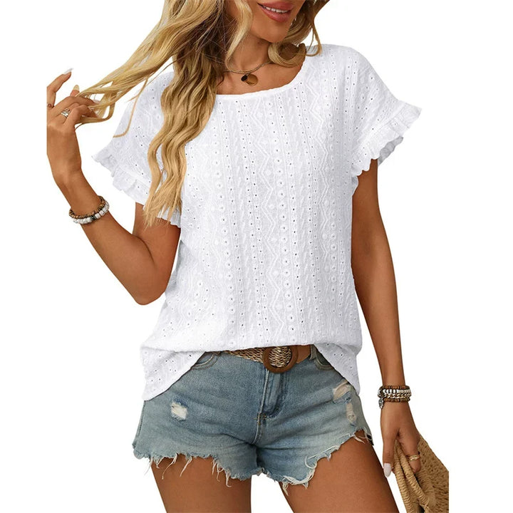 Damen Chiffonbluse mit Spitzenärmeln und feinem Lochmuster W&W Mode