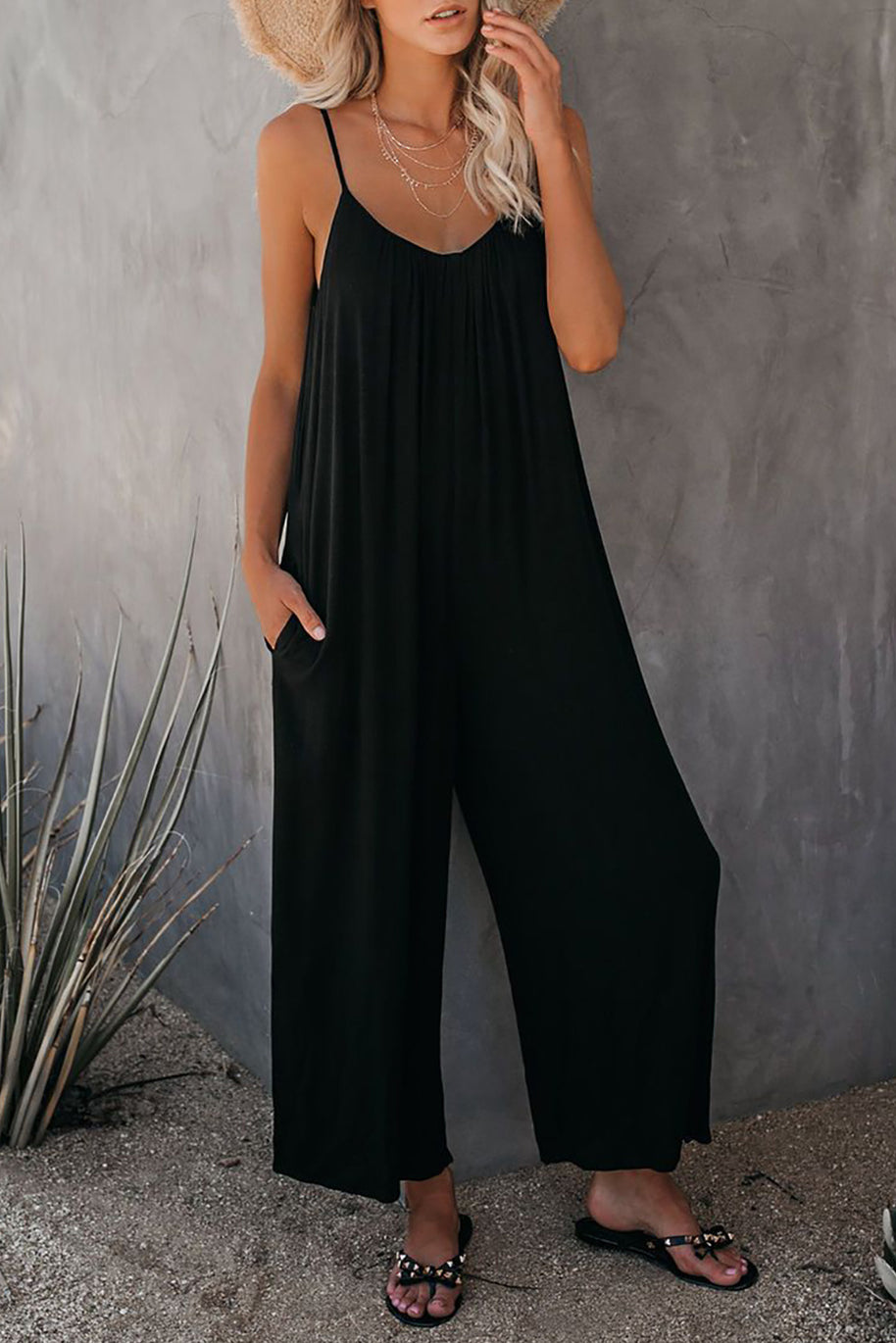 Damen lässiger Jumpsuit mit dekorativen Trägern und leichtem, fließendem Stoff WW