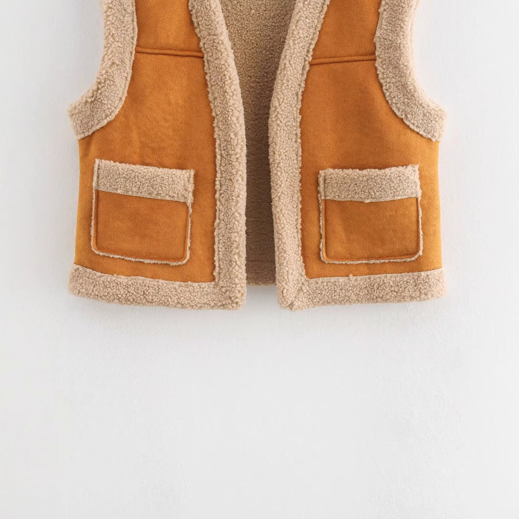 Damen Teddy-Weste mit praktischen Taschen und hohem Kragen WW