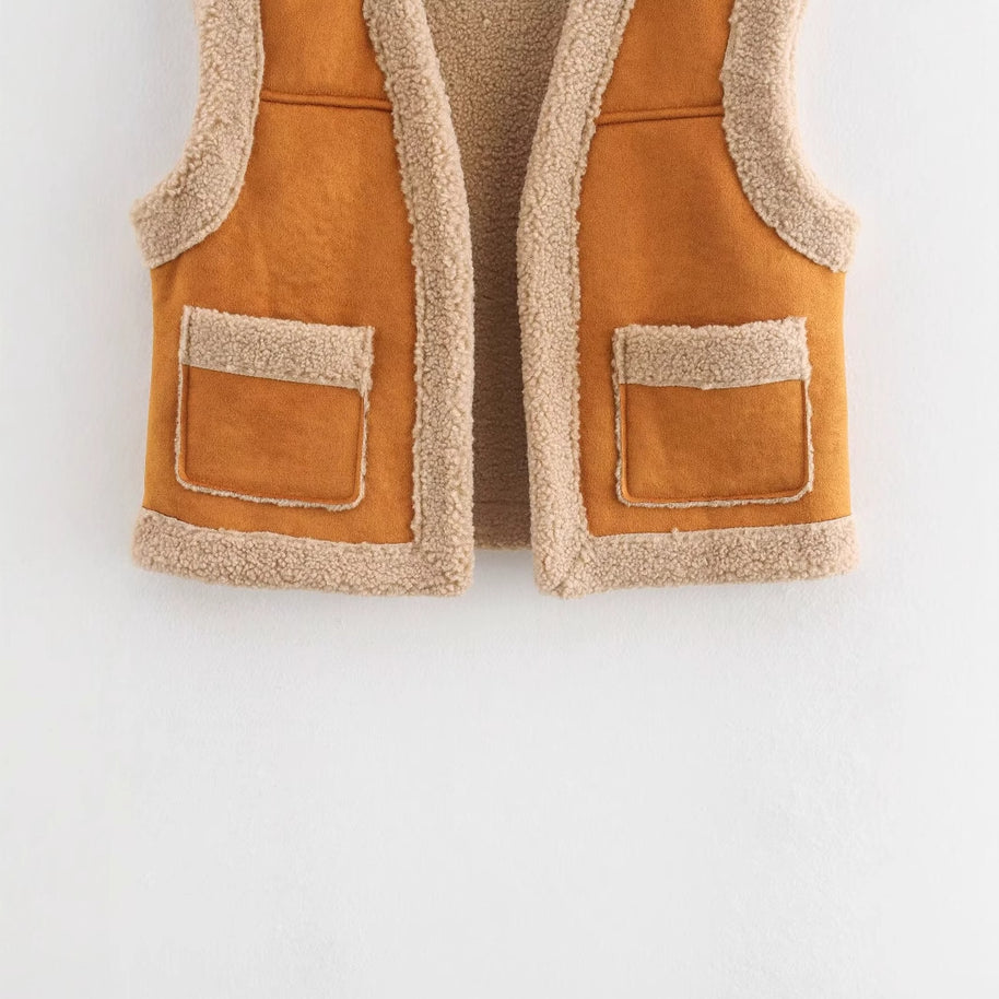 Damen Teddy-Weste mit praktischen Taschen und hohem Kragen WW