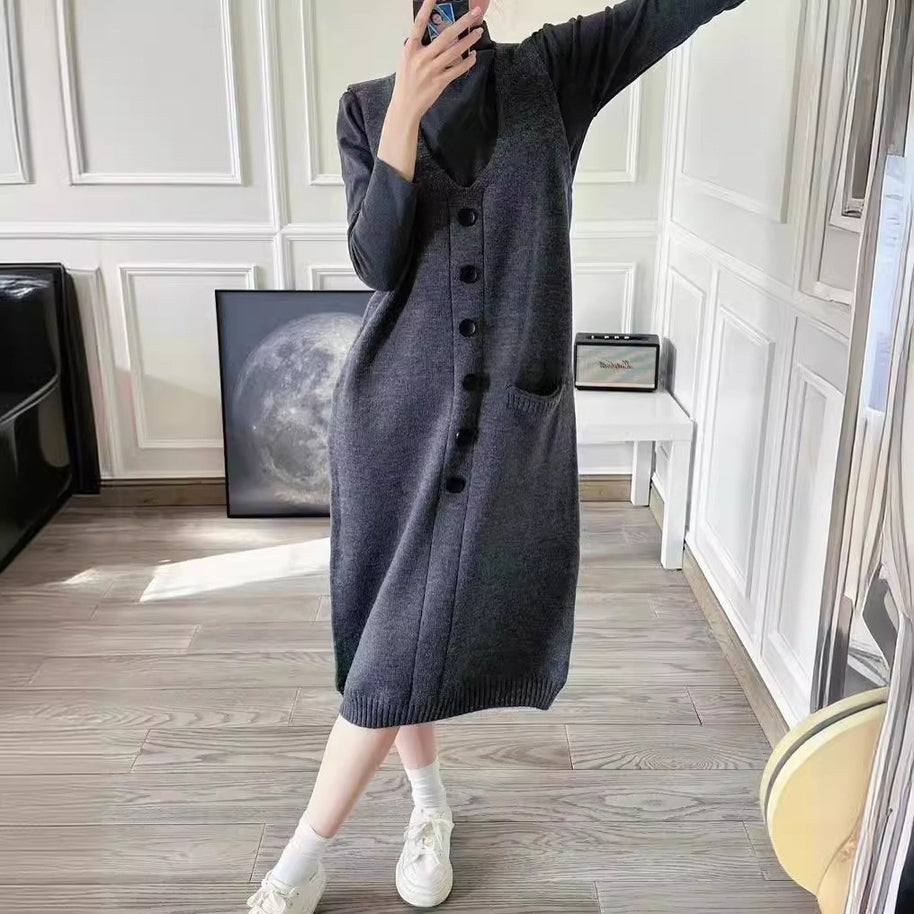 Damen Strapazierfähiges Strickkleid mit Knopfleiste und Taschen WW