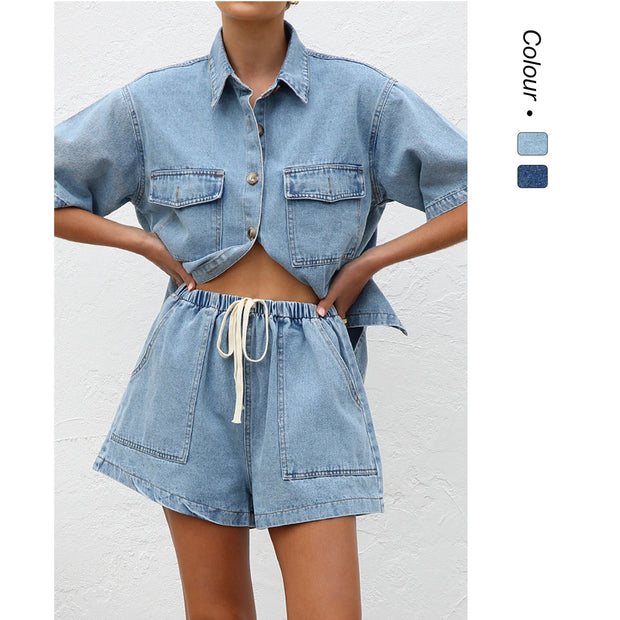 Damen Denim-Crop-Top und Shorts-Set mit praktischen Taschen und lässigem Schnitt WW