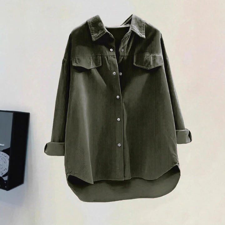 Damen Oversized Hemd aus Rippstoff mit Brusttaschen und schickem Kragen W&W Mode