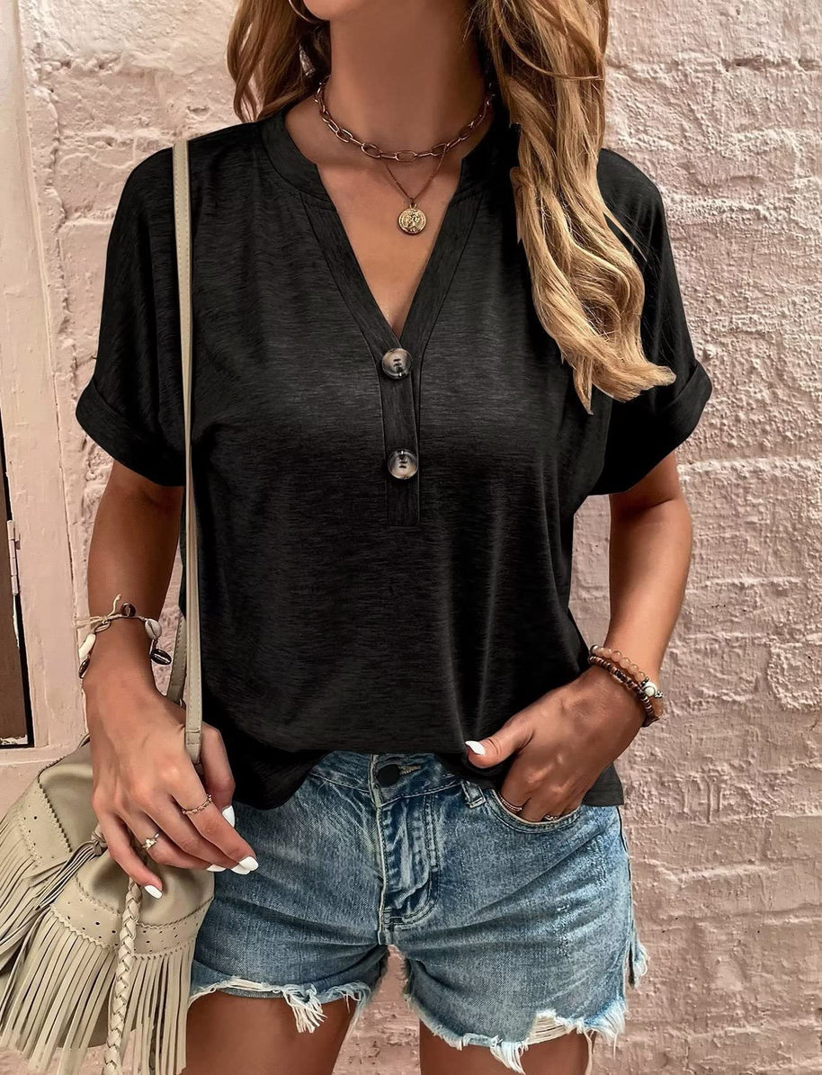 Damen Kurzes T-Shirt mit Knopfleiste und lässigem Schnitt WW