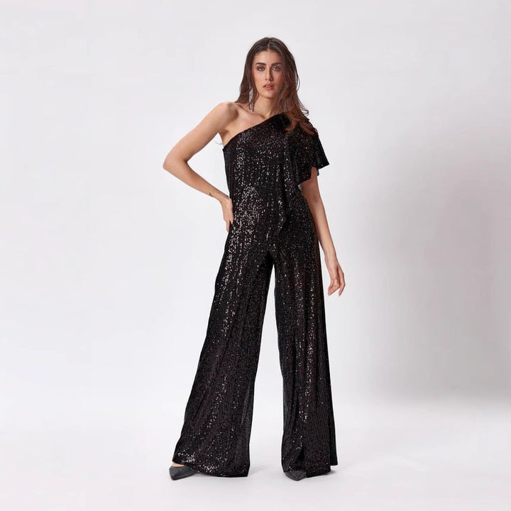 Damen Einseitiger Pailletten Jumpsuit mit weiter Hose W&W Mode