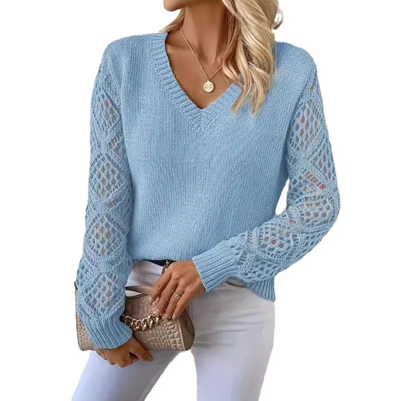 Damen Strickpullover mit V-Ausschnitt und gehäkelten Ärmeln WW