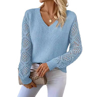 Damen Strickpullover mit V-Ausschnitt und gehäkelten Ärmeln WW