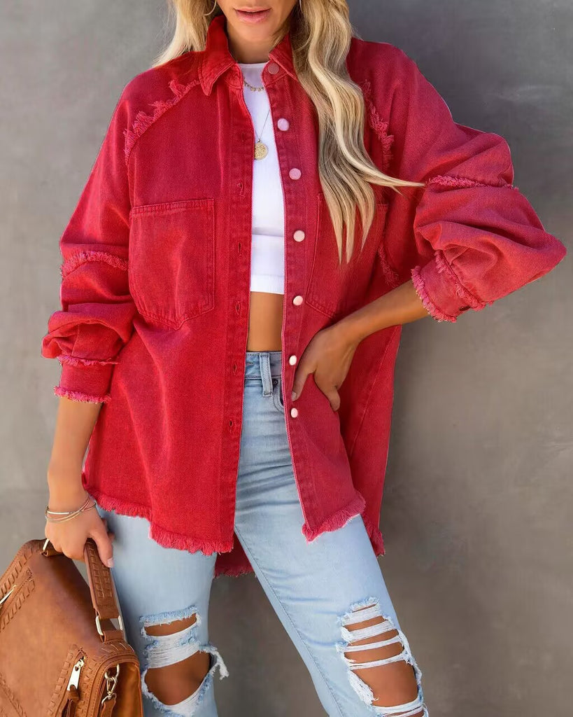 Damen lässige Overshirtjacke aus leichtem Denim mit fransigen Details WW