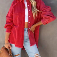 Damen lässige Overshirtjacke aus leichtem Denim mit fransigen Details WW