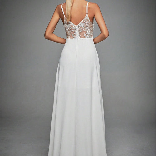 WW | V-Ausschnitt Träger Abendkleid Spitze Rückenfrei Große Schwung Tanzkleid Festkleid Brautjungfernkleid