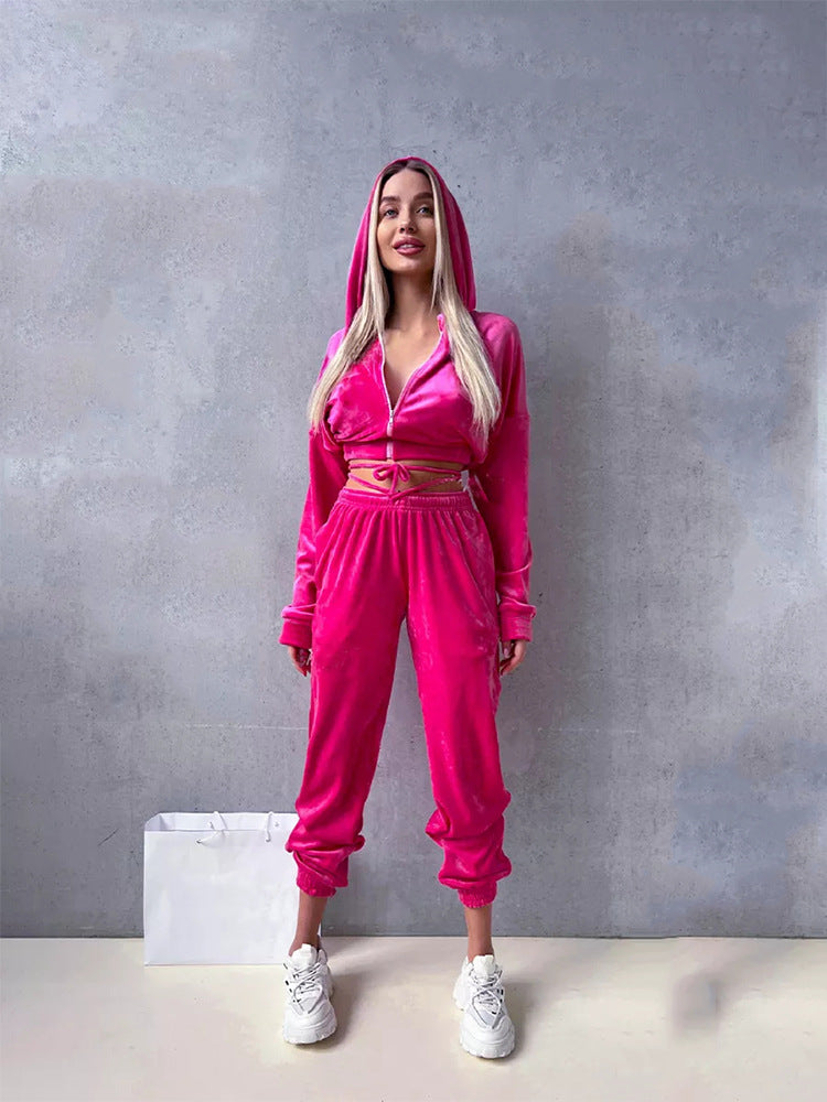 Damen sportlicher Cropped Fleece-Jogginganzug mit Reißverschluss und praktischen Taschen WW