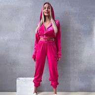 Damen sportlicher Cropped Fleece-Jogginganzug mit Reißverschluss und praktischen Taschen WW