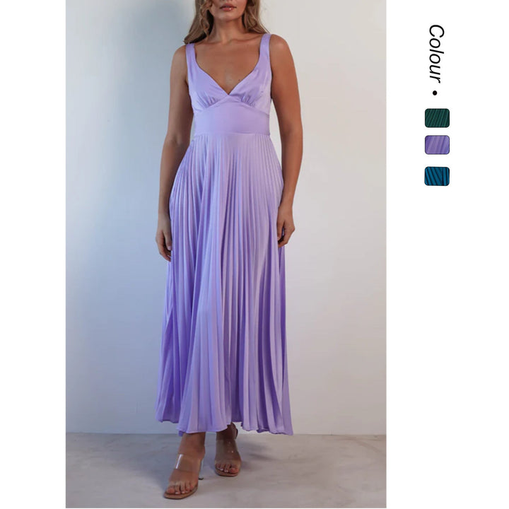 Damen Plissiertes Maxikleid mit V-Ausschnitt und schwingendem Rock W&W Mode