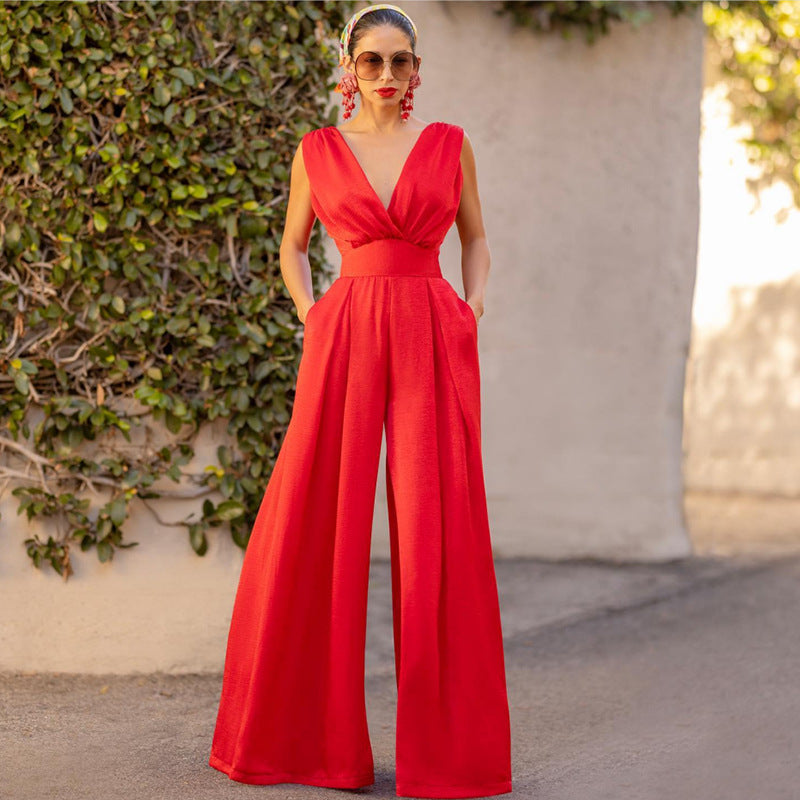 WW | Jumpsuit Hohe Taille Ärmellos Tiefer V-ausschnitt Weite Beinform Elegante Passform