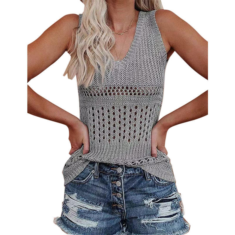 Damen luftiges Stricktop mit V-Ausschnitt und feinen Lochmustern W&W Mode