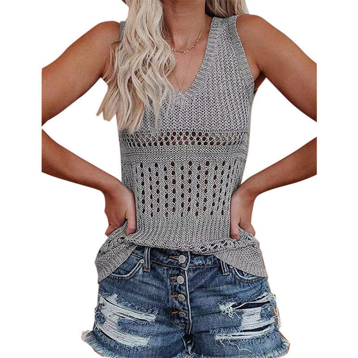 Damen luftiges Stricktop mit V-Ausschnitt und feinen Lochmustern W&W Mode