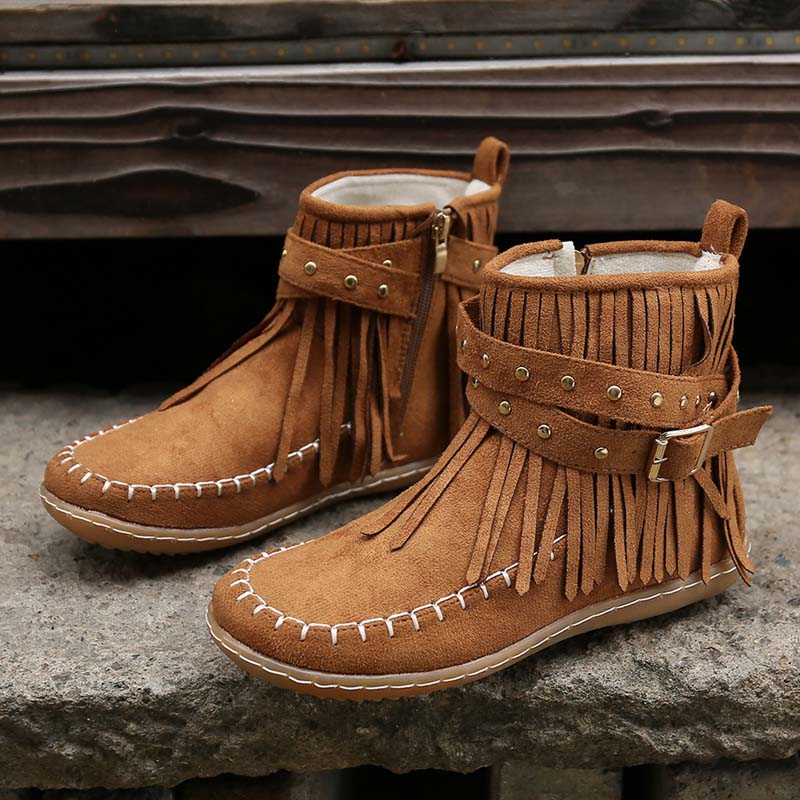 W&W Mode | Boho Stiefelette Mit Fransen Und Schnallen Für Damen