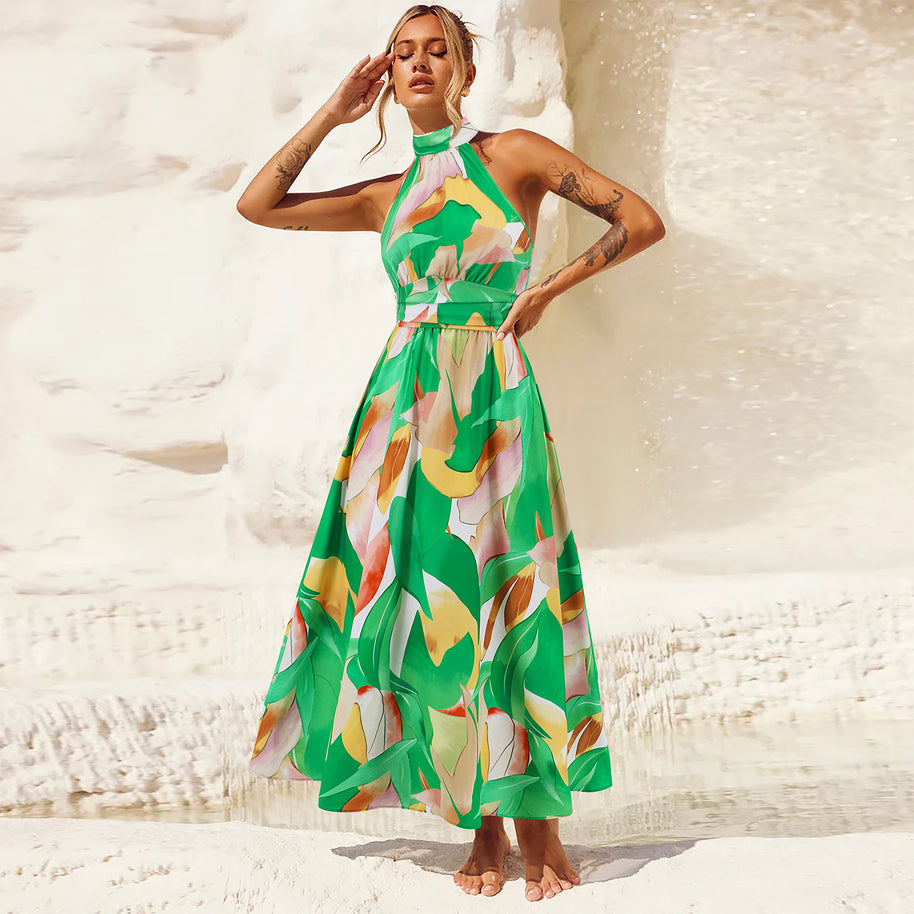 Damen Maxikleid mit hochgeschlossenem Kragen und buntem Blätterdruck WW