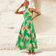 Damen Maxikleid mit hochgeschlossenem Kragen und buntem Blätterdruck WW