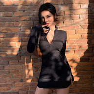 Damen Sportliches Minikleid mit hohem Kragen und durchgehendem Reißverschluss WW