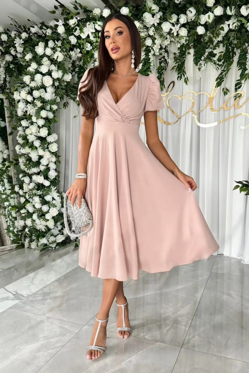 W&W Mode | Stylisches Pendeln Unifarbe V-Ausschnitt Puffärmel Kleid