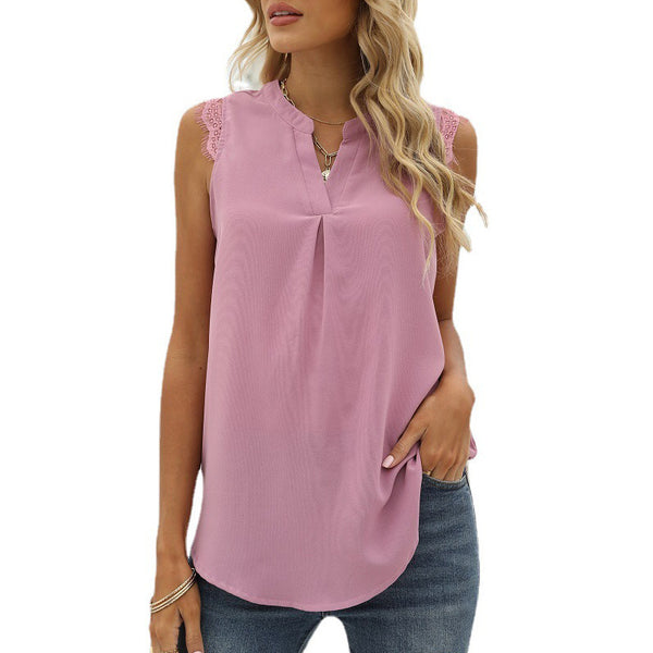 Damen ärmelloses Blusenshirt mit elegantem Spitzeneinsatz und modischen Falten WW