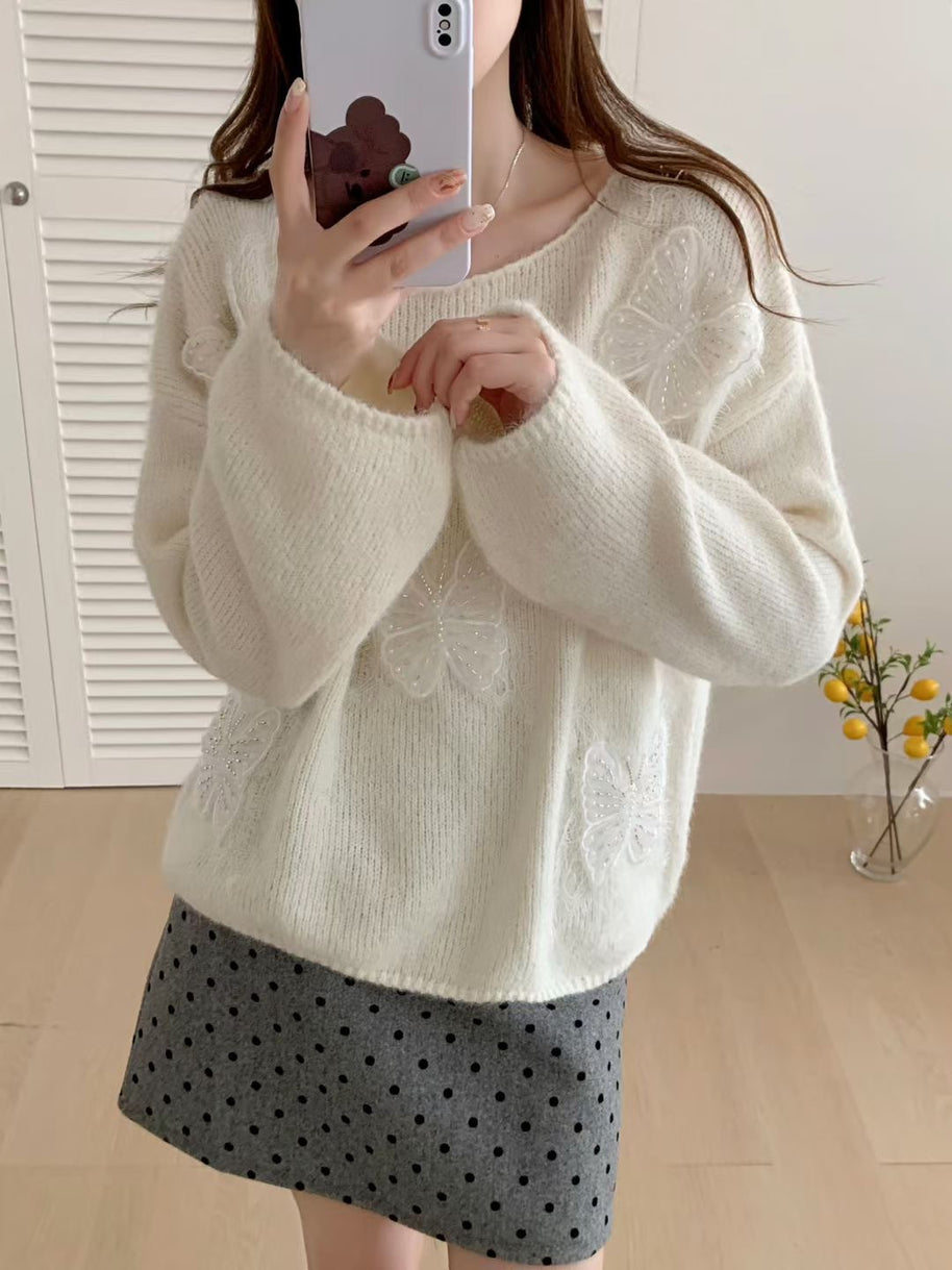 WW | Eleganter Pullover Aus Besticktem Blumenstrick Für Frauen