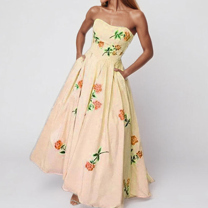 Damen Strapless Ballkleid mit eleganten Stickereien und weitem Rock W&W Mode
