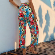 Damen weite Sommerhose mit buntem Blumenmuster und elastischem Bund WW