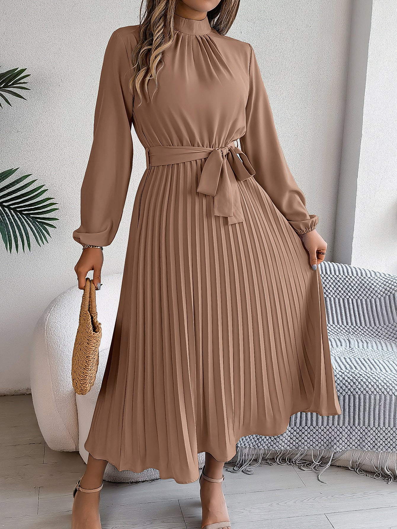 WW | Elegante Stehkragen Taillierter Plissierter Langer Rock kleines Kleid
