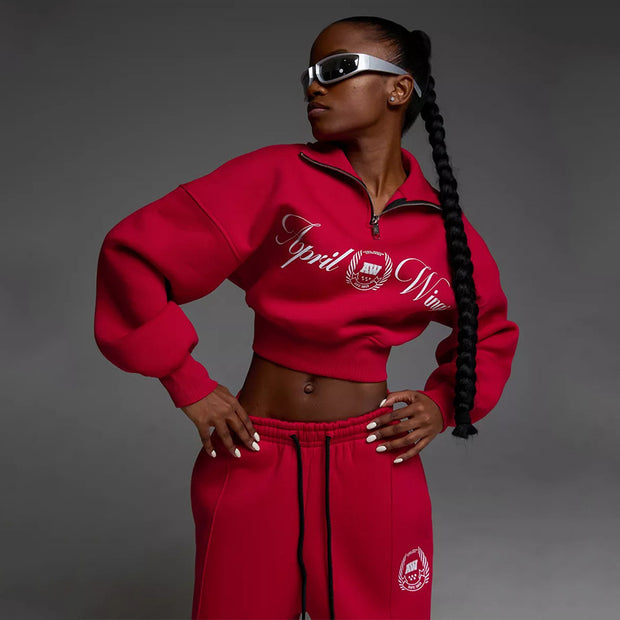 Damen Sportliches Cropped Sweatshirt und lässige Freizeithose Set WW