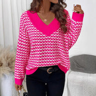 Damen Strickpullover mit V-Ausschnitt und modernem Karomuster WW