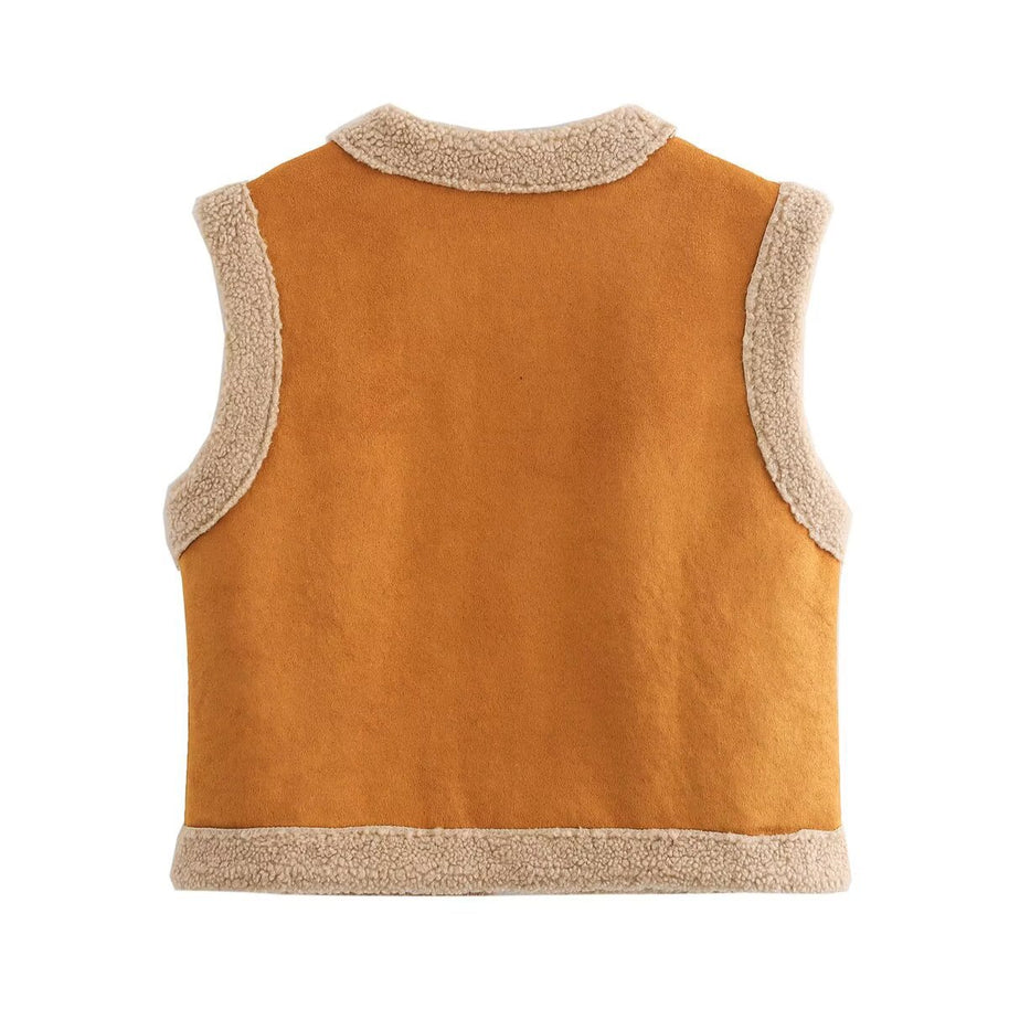 Damen Teddy-Weste mit praktischen Taschen und hohem Kragen WW