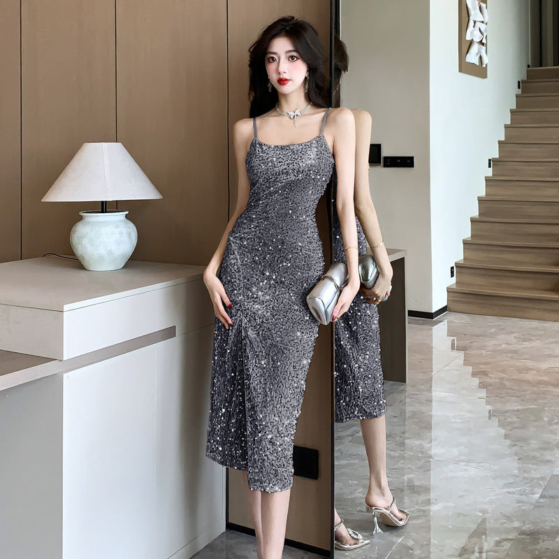 WW | Spaghetti-Träger Heller Glänzender Leichter Luxus Abendkleid