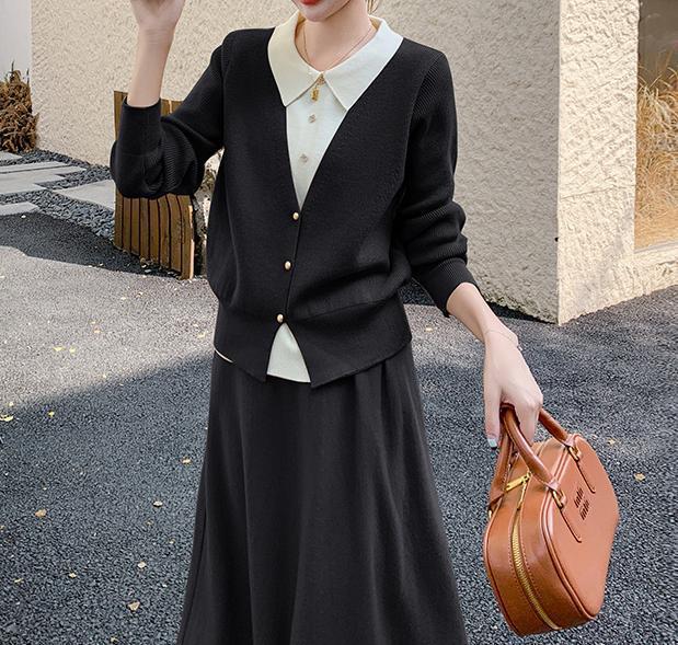 Damen Strickensemble mit eleganter Blusenoptik und weitem Rock WW