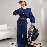 Damen sportliches Cropped-Set mit Reißverschluss und bequemen weiten Hosen WW