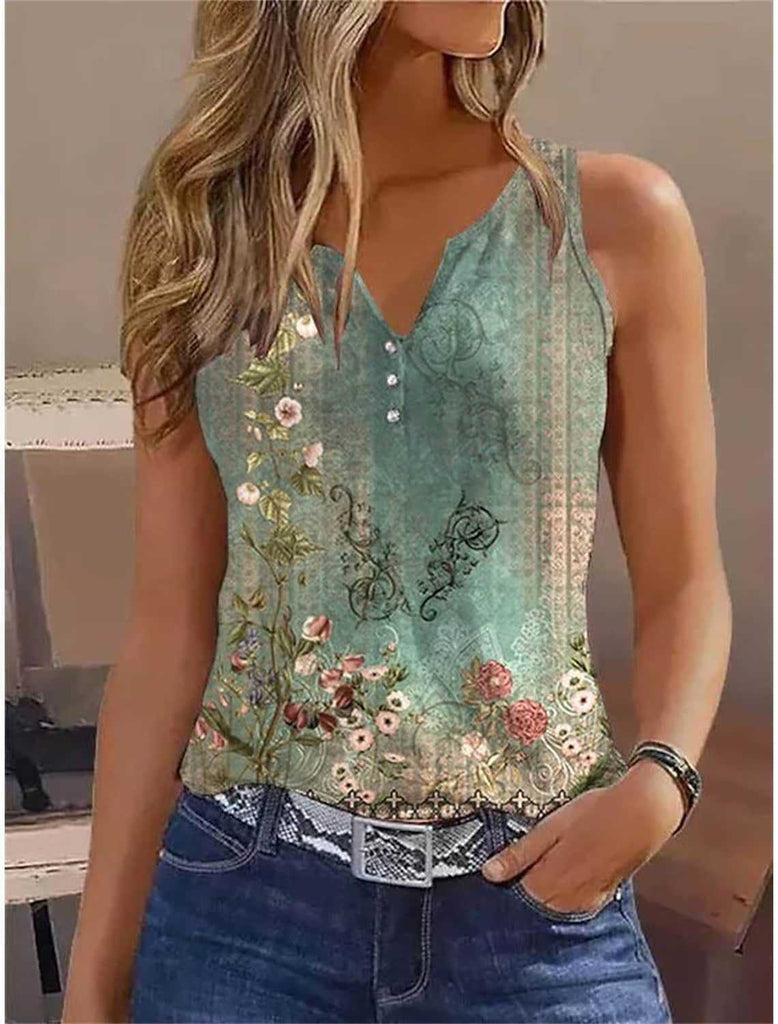 Damen ärmelloses Oberteil mit elegantem floralem Design und ausgefallenem V-Ausschnitt WW