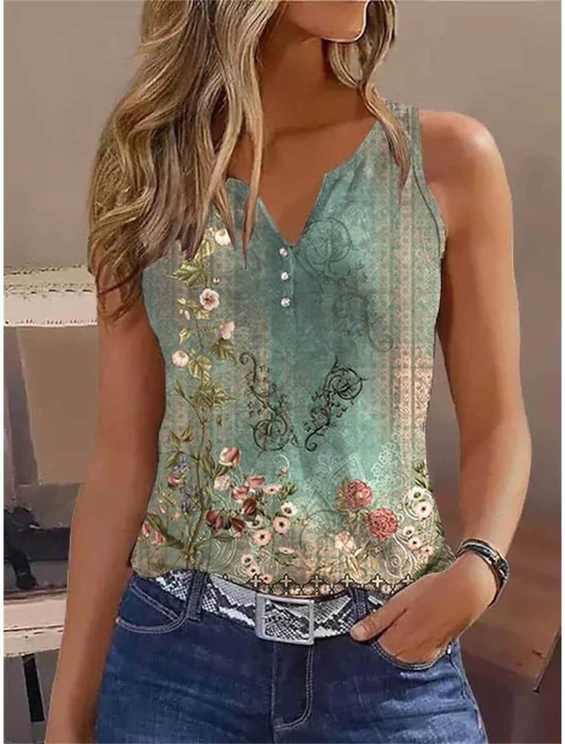 Damen ärmelloses Designoberteil mit floralen Akzenten und Knopfleiste WW
