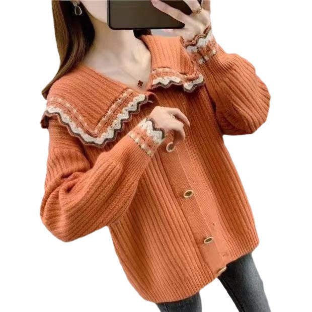 Damen Strickjacke mit dekorativem Kragen und großen Knöpfen WW