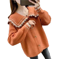 Damen Strickjacke mit dekorativem Kragen und großen Knöpfen WW