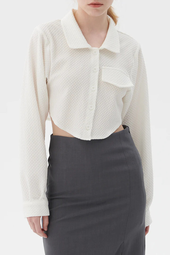 Damen lässiges geknöpftes Crop-Shirt mit Strukturmuster und aufgesetzter Tasche WW