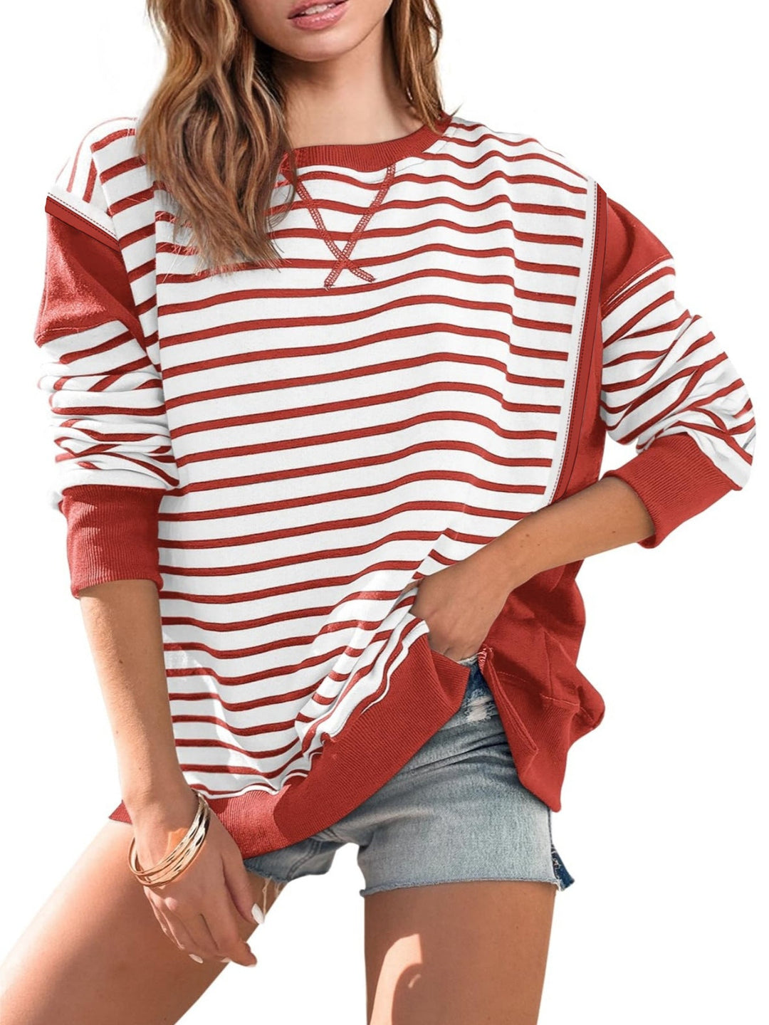 Damen gestreifter Sweatshirt mit übergroßem Schnitt W&W Mode