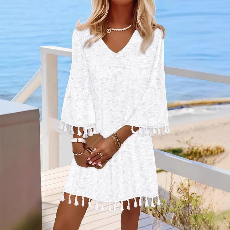 Damen Strandkleid mit modischen Fransen und V-Ausschnitt WW