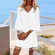 Damen Strandkleid mit modischen Fransen und V-Ausschnitt WW